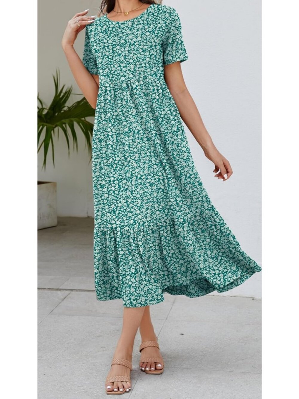 Women's Print Zink Sundress Short Sleeve Tiered Beach with Pockets Maxi Dress - Picture 5 of 5